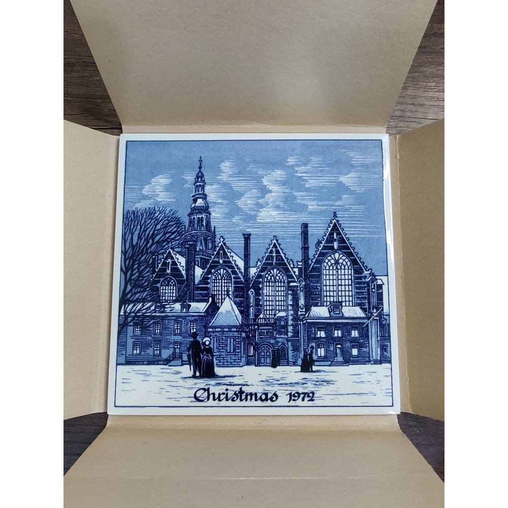Delft 1972 Christmas Ceramic Tile De Oude Kerk Old Church Amsterdam With Sleeve